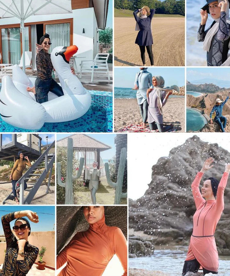 Burkini femme manches longues ensemble 3 pièces patchwork sport