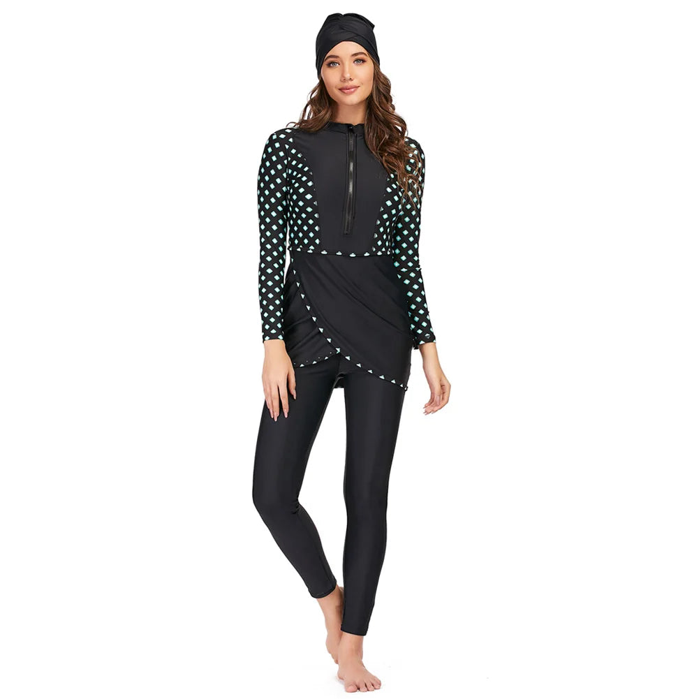 Burkini femme manches longues ensemble 3 pièces patchwork sport