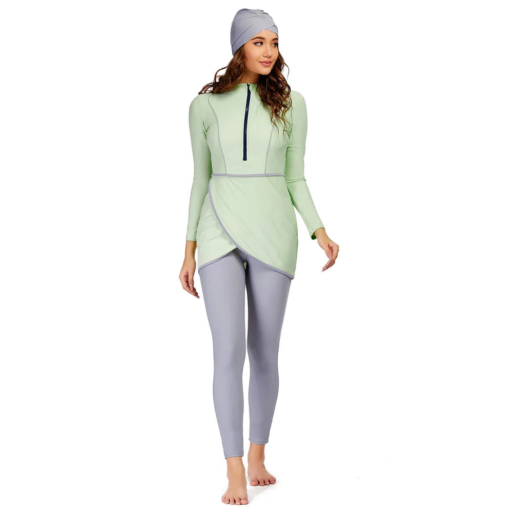 Burkini femme manches longues ensemble 3 pièces patchwork sport