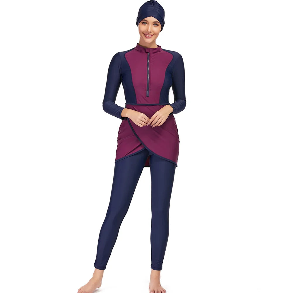 Burkini femme manches longues ensemble 3 pièces patchwork sport