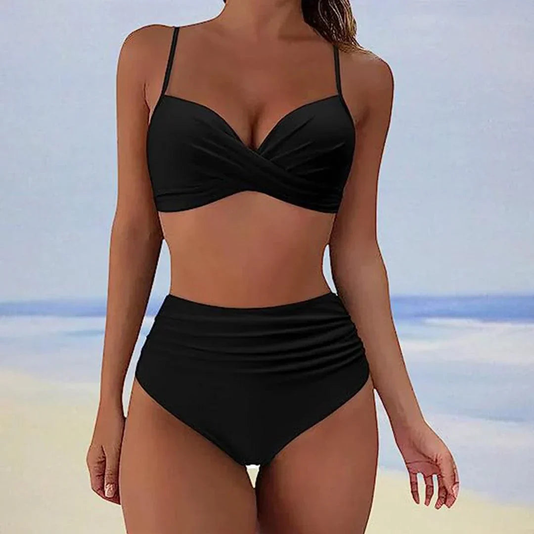 Maillot deux pièces femme taille haute drapé avant