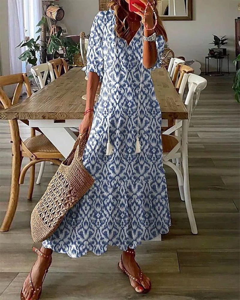 Robe Été Femme A-Line Imprimé Géométrique Manches Lanterne