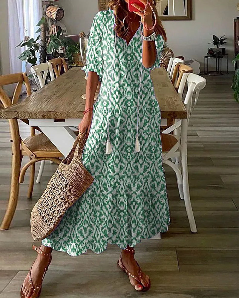 Robe Été Femme A-Line Imprimé Géométrique Manches Lanterne