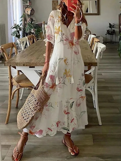 Robe Été Femme A-Line Imprimé Géométrique Manches Lanterne