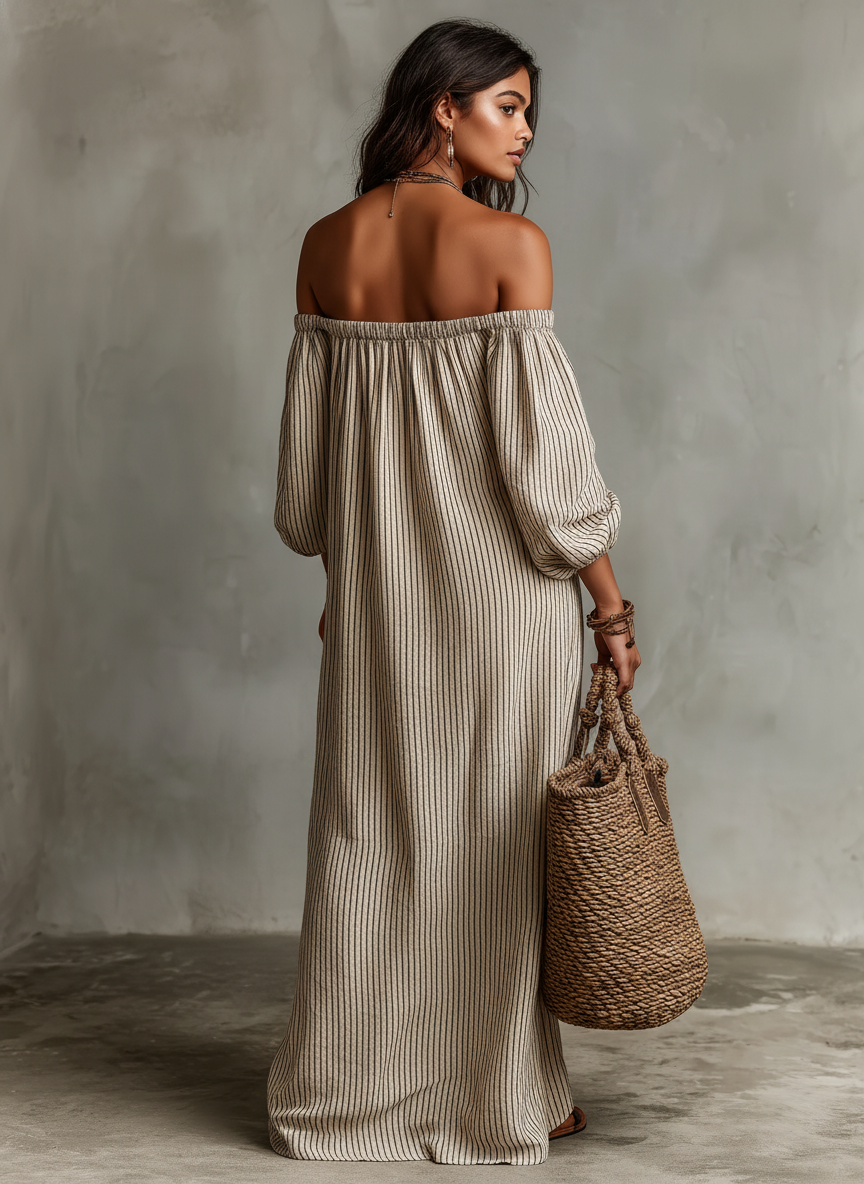 Robe maxi femme lin coton épaules dénudées manches longues