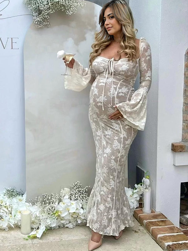 Robe Maxi Maternité Dentelle Corset Épaules Dénudées