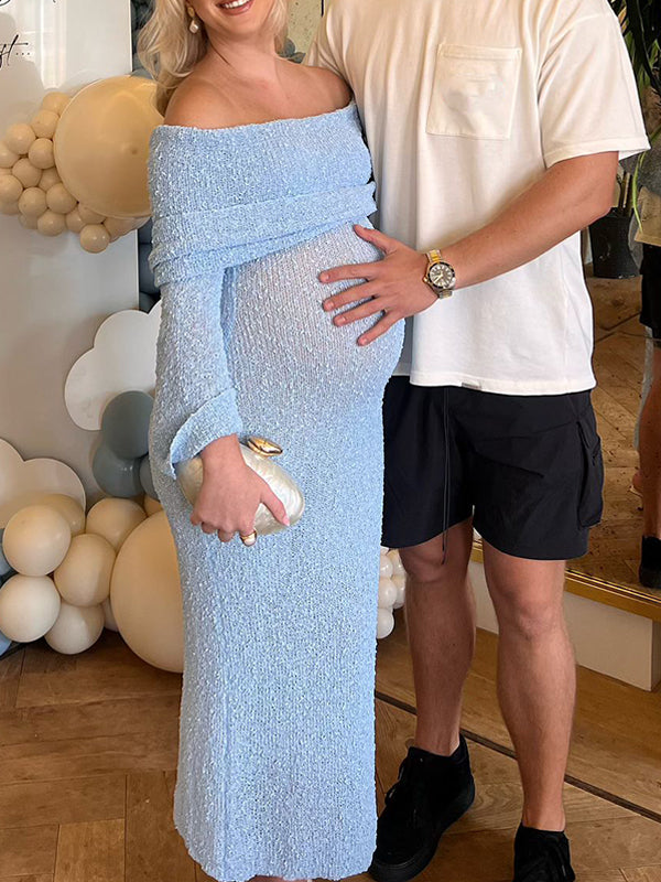 Robe Maxi Maternité Tricot Épaules Dénudées Manches Évasées