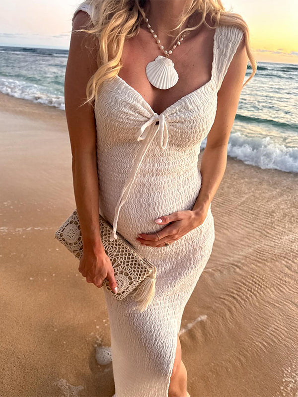 Robe Maxi Maternité Smockée Nœud Fente Latérale Moulante