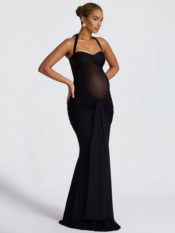 Robe Maxi Maternité Maille Froncée Dos Nu Col Licou