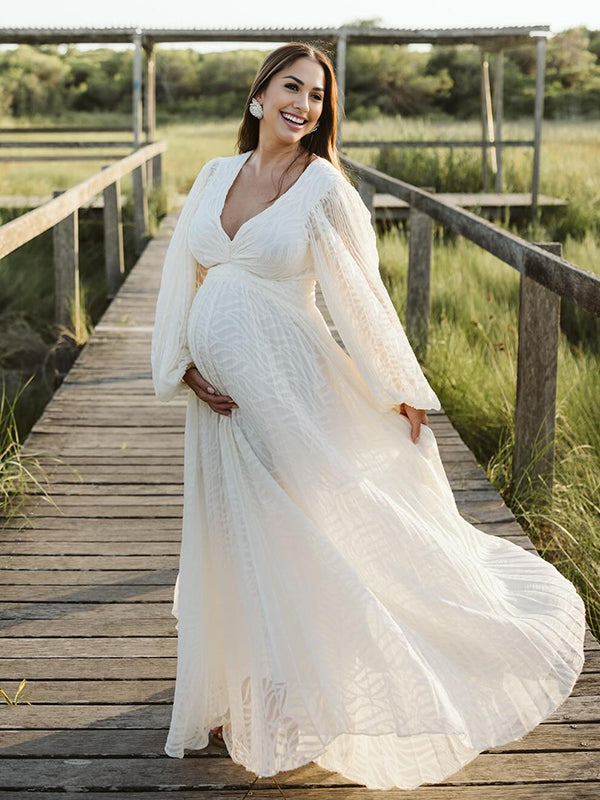 Robe Maxi Maternité Boho Manches Lanterne Dos Nu Froncée