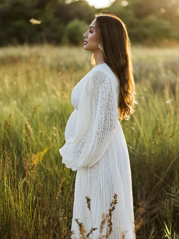 Robe Maxi Maternité Boho Manches Lanterne Dos Nu Froncée