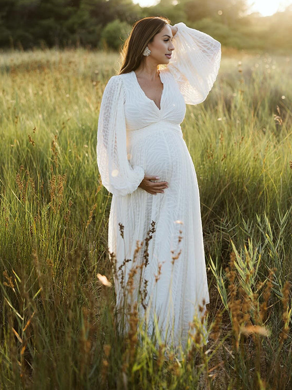 Robe Maxi Maternité Boho Manches Lanterne Dos Nu Froncée