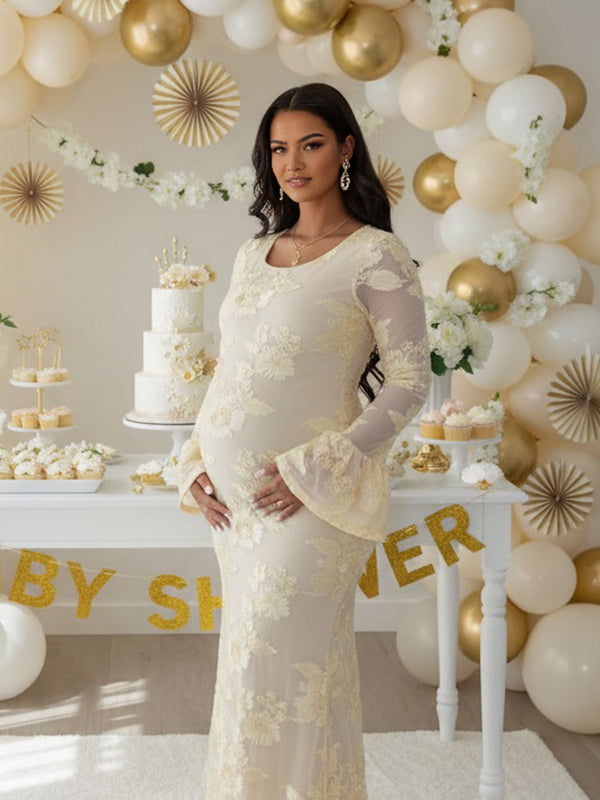 Robe Maxi Maternité Maille Brodée Fleurs Volants Moulante