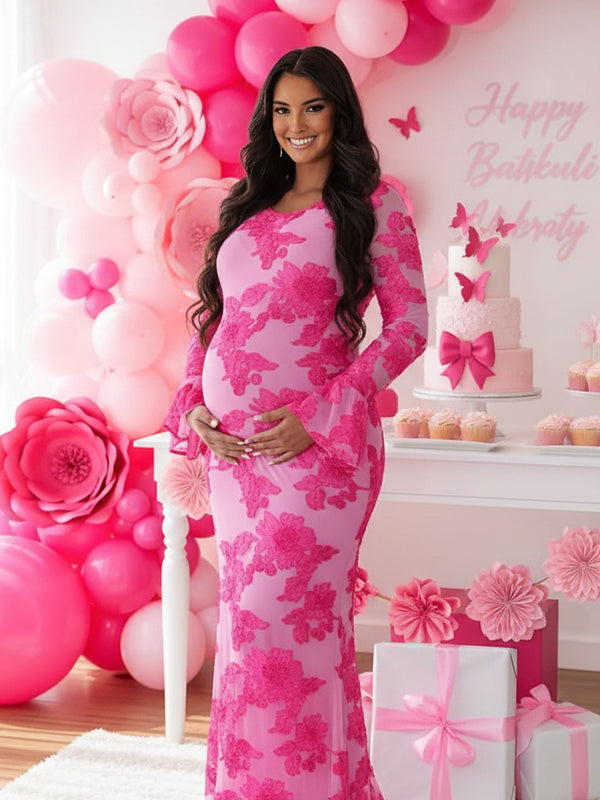 Robe Maxi Maternité Maille Brodée Fleurs Volants Moulante