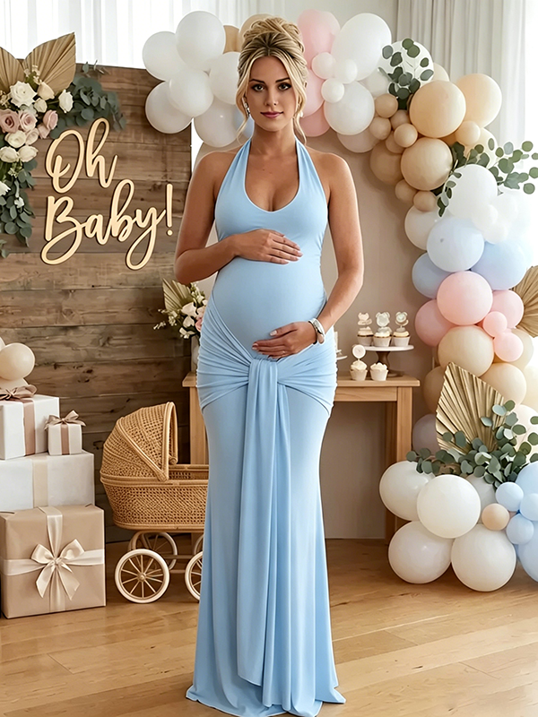 Robe Maxi Maternité Col Licou Dos Nu Froncée Nœud
