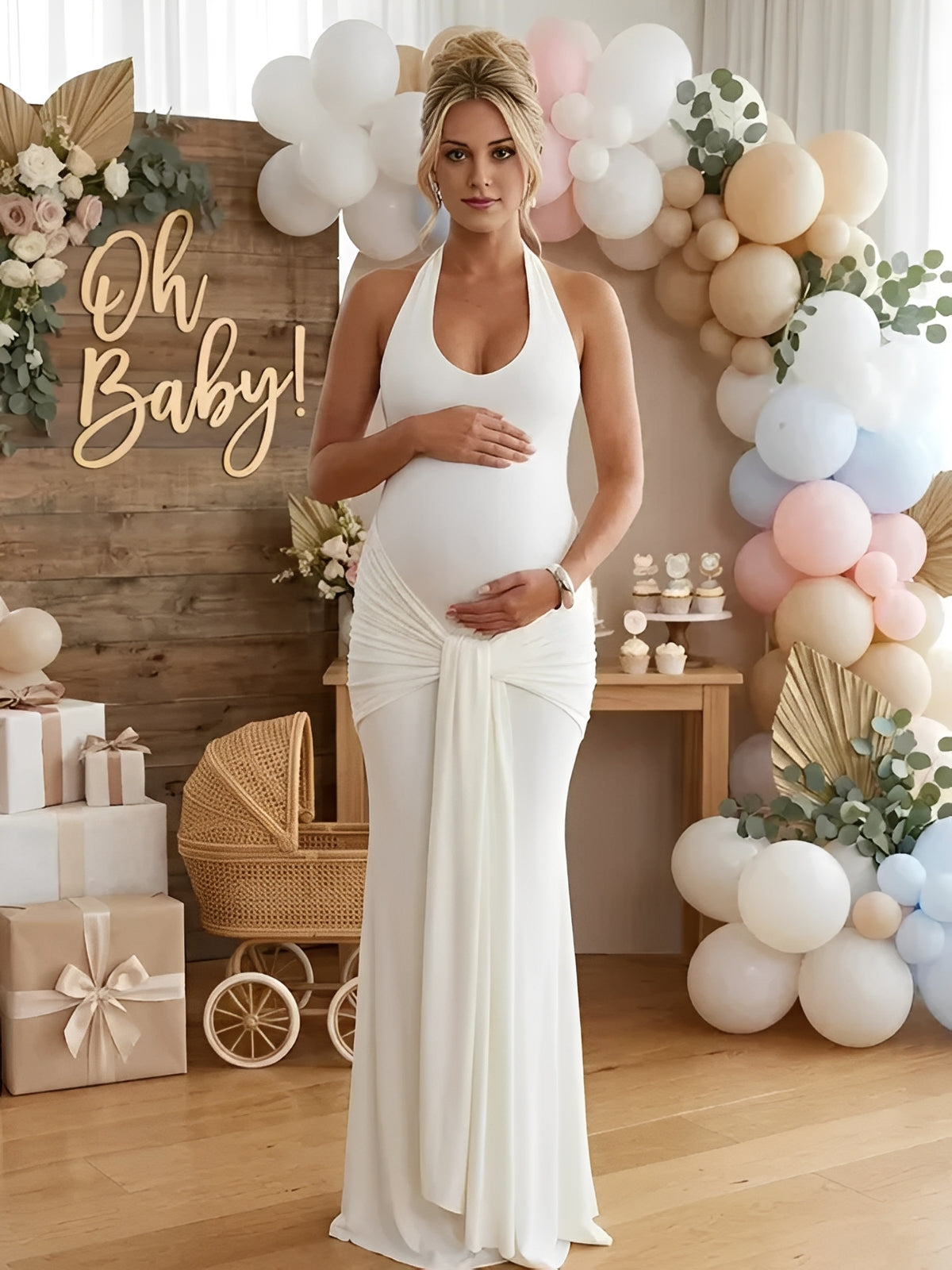 Robe Maxi Maternité Col Licou Dos Nu Froncée Nœud