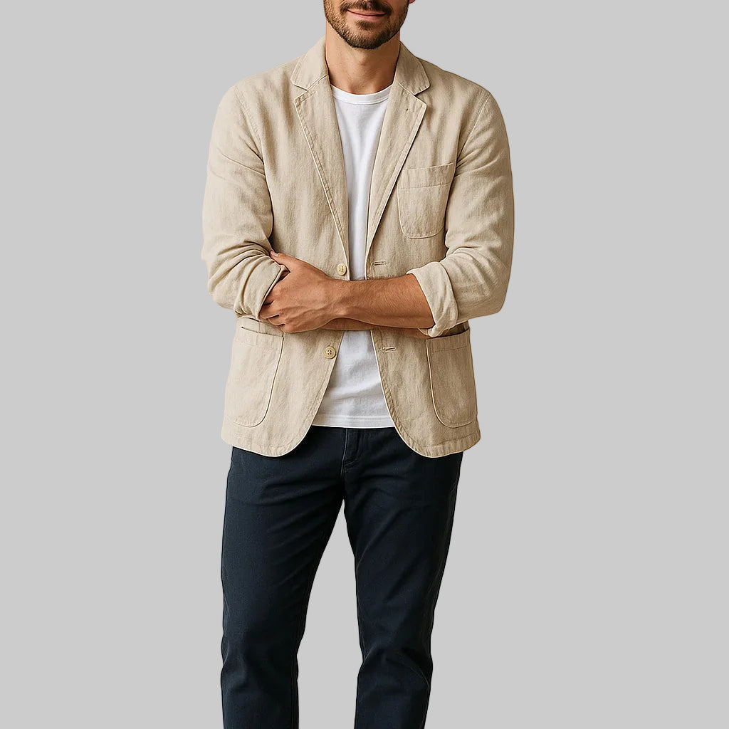 Blazer Lin Homme Casual Non Structuré Revers Cranté Été