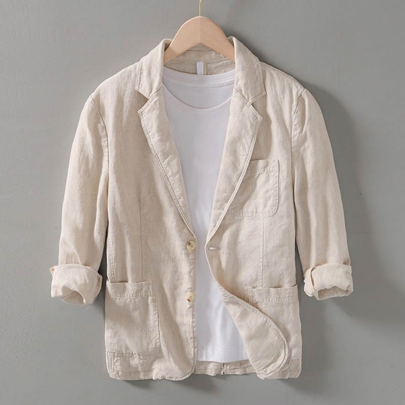 Blazer Lin Homme Casual Non Structuré Revers Cranté Été