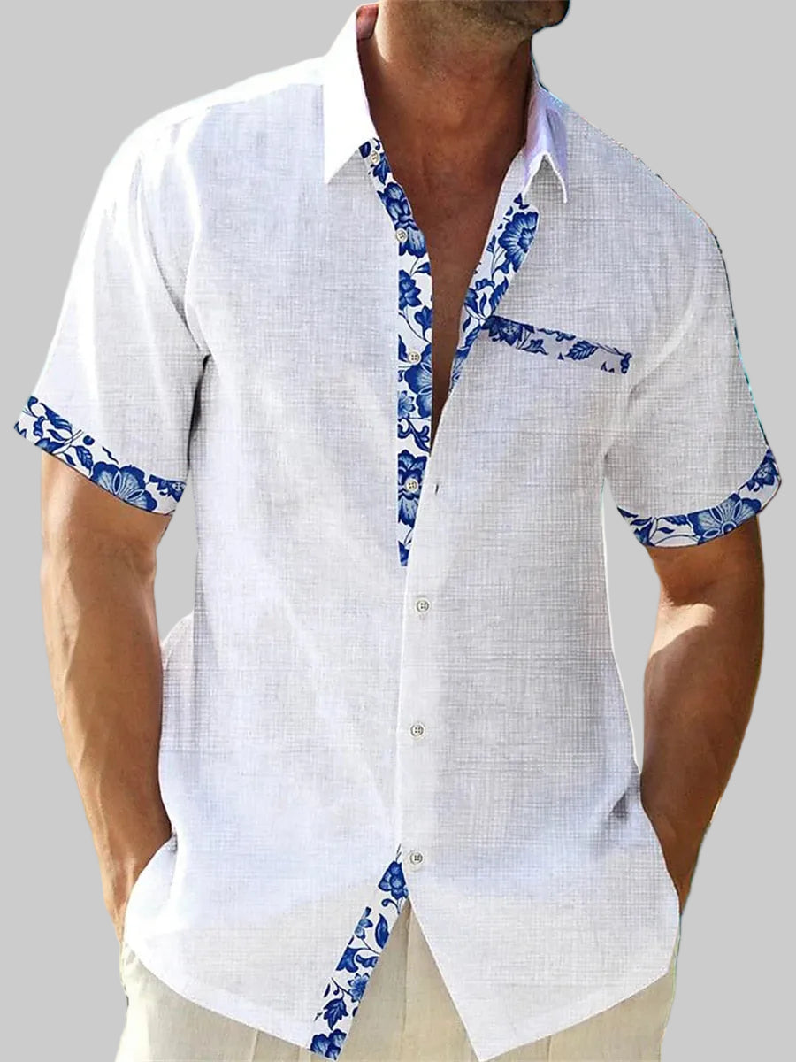 Chemise Lin Homme Manches Courtes Détail Floral Été Casual