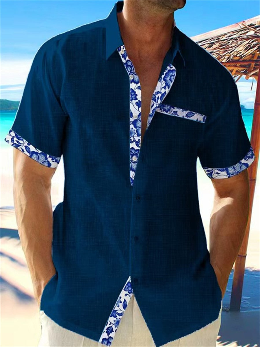Chemise Lin Homme Manches Courtes Détail Floral Été Casual