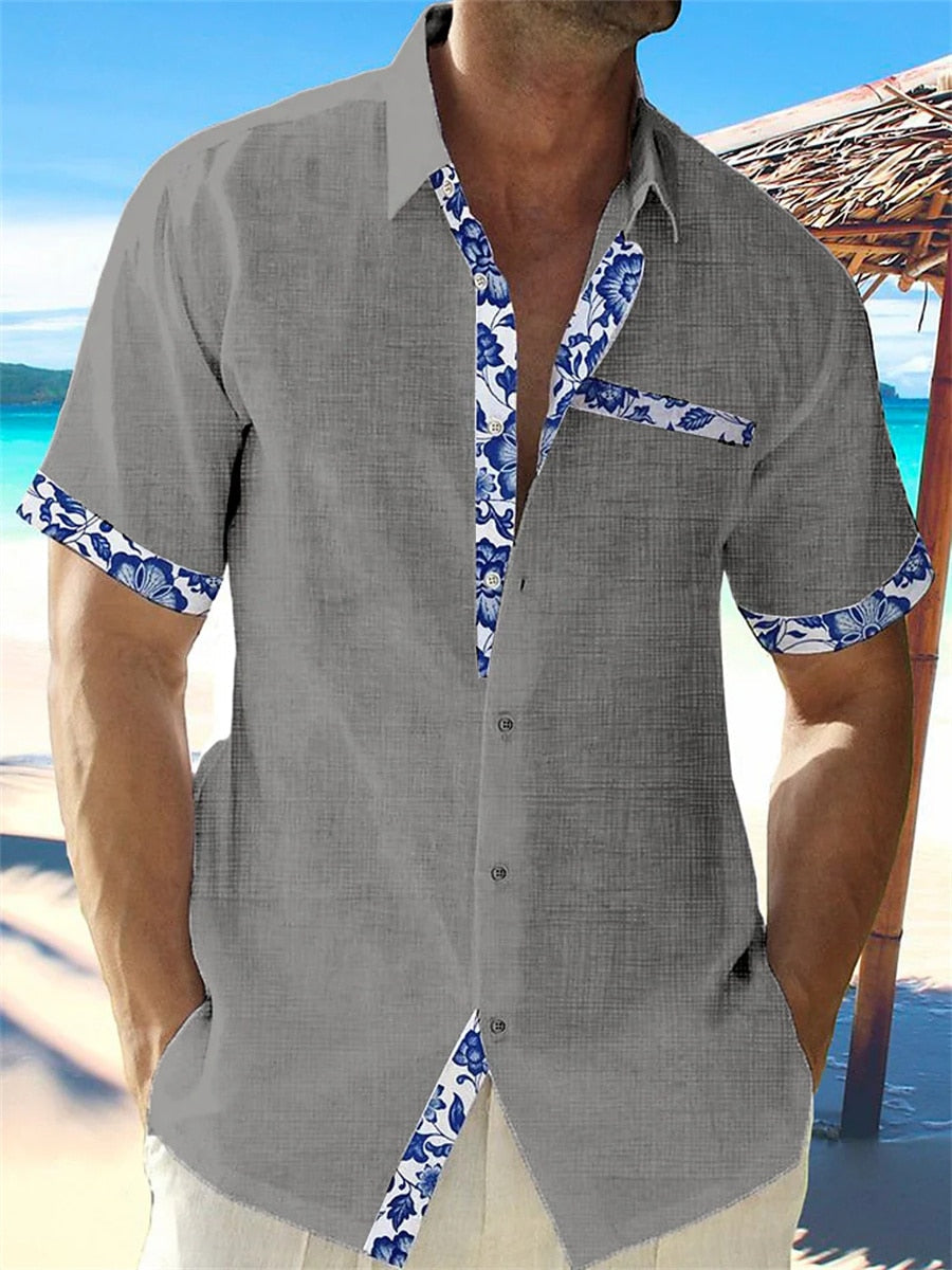 Chemise Lin Homme Manches Courtes Détail Floral Été Casual