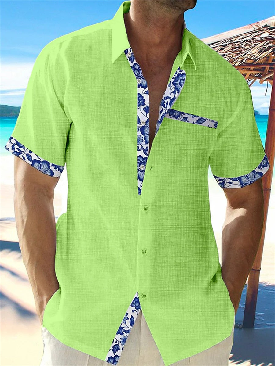 Chemise Lin Homme Manches Courtes Détail Floral Été Casual