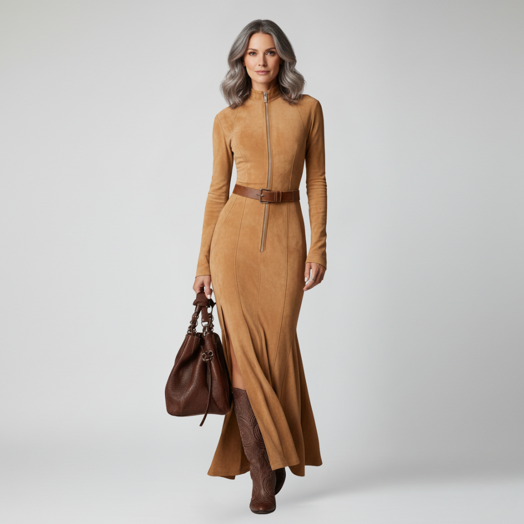 Robe maxi zippée en suédine avec ceinture