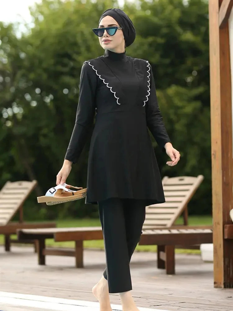 Burkini femme 3 pièces couverture intégrale bordure lotus