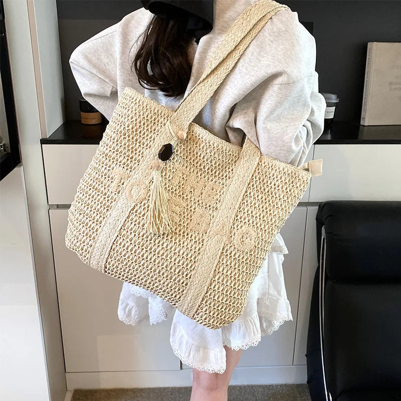 Sac de plage femme tressé paille grande capacité bandoulière