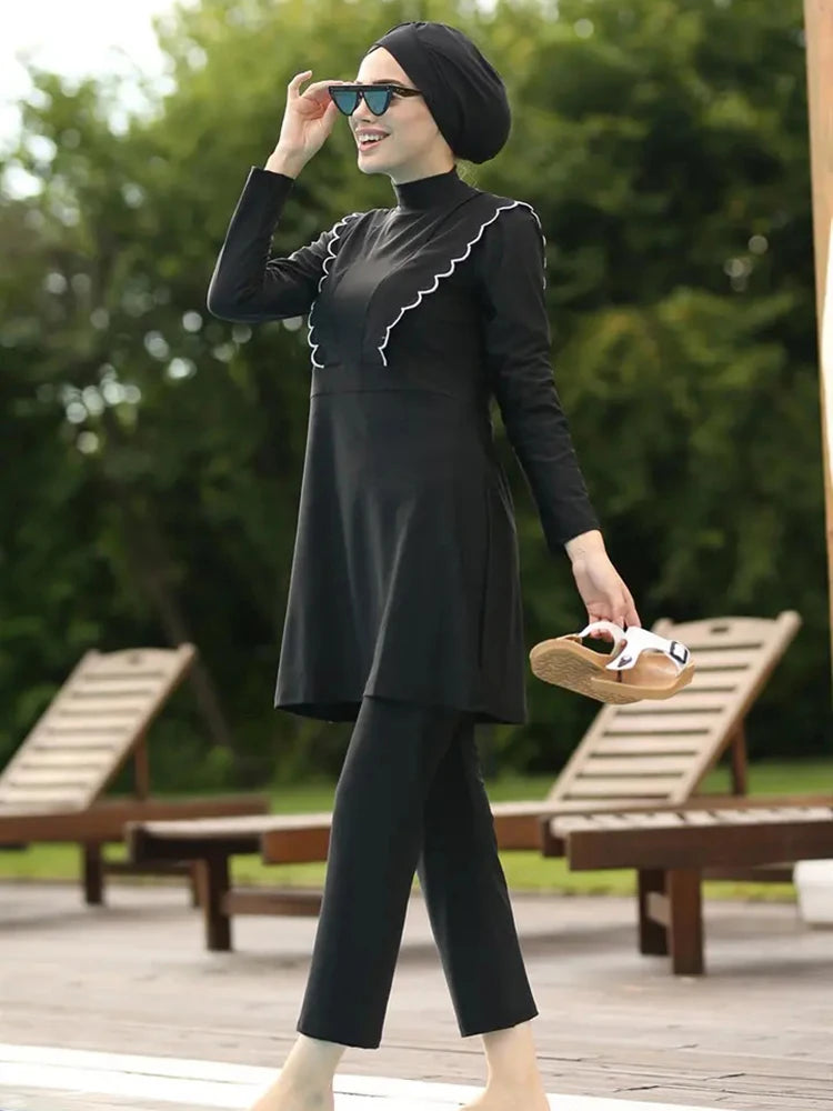 Burkini femme 3 pièces couverture intégrale bordure lotus