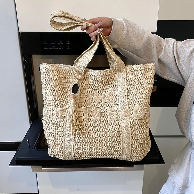 Sac de plage femme tressé paille grande capacité bandoulière