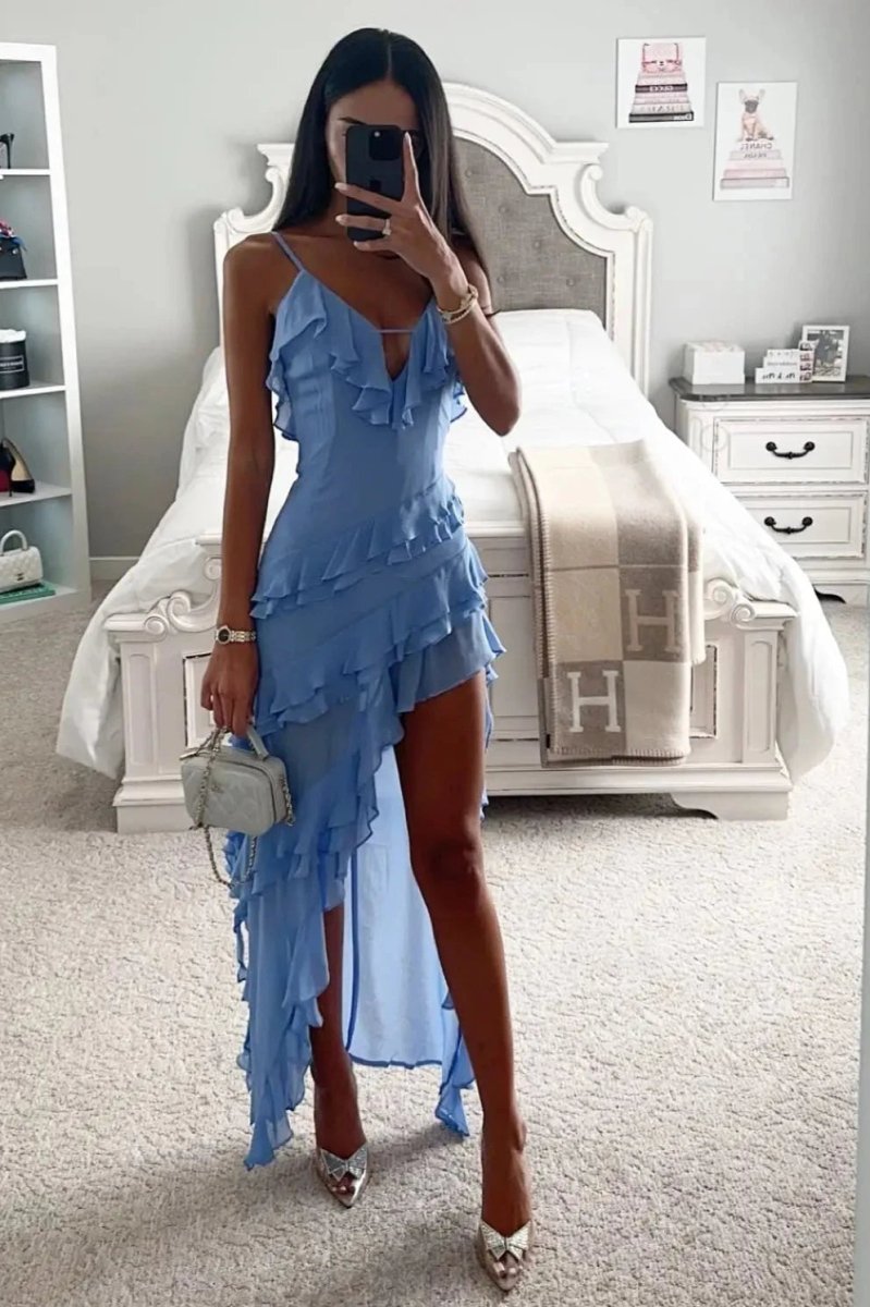 Robe femme à volants bretelles asymétrique légère