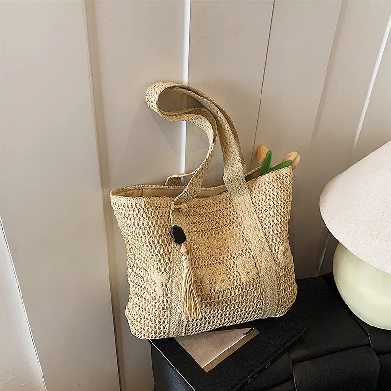 Sac de plage femme tressé paille grande capacité bandoulière
