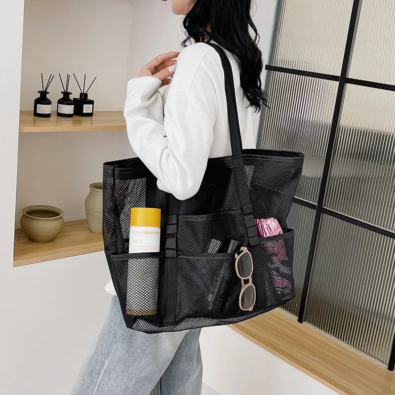 Sac de plage canvas grande capacité maille semi-transparente