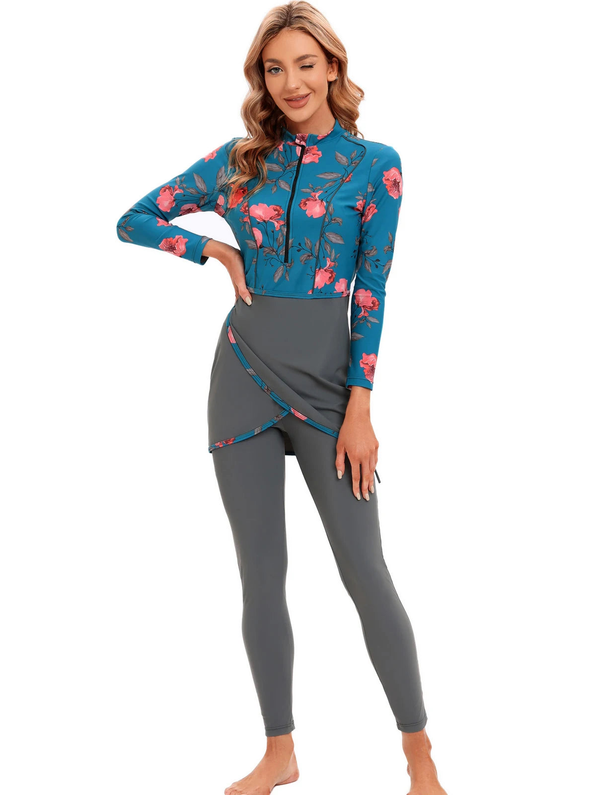 Burkini femme manches longues ensemble 3 pièces patchwork sport