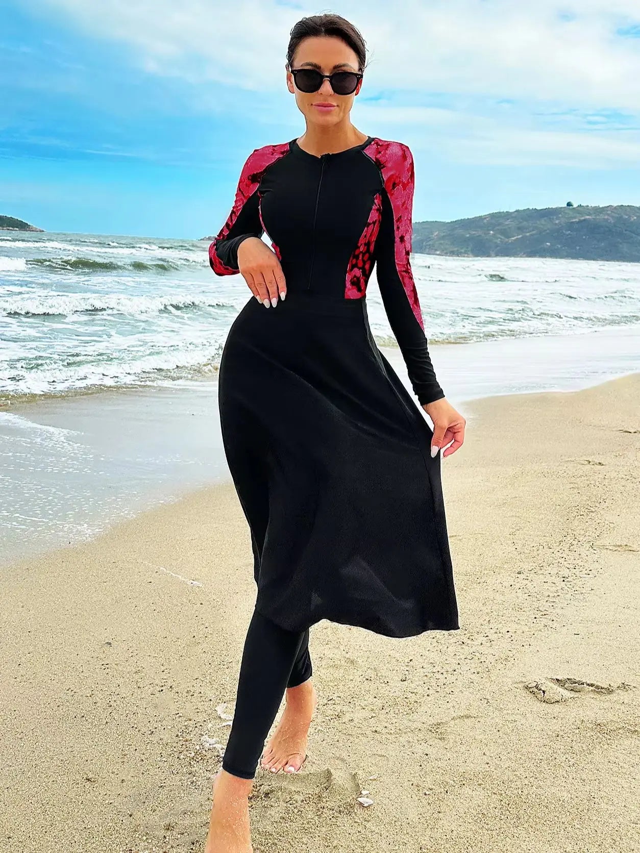 Burkini femme imprimé coloré manches longues jupe pantalon SPF50+