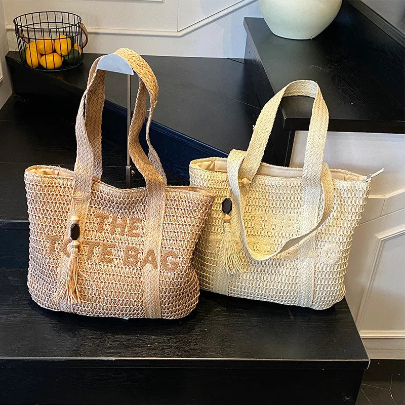 Sac de plage femme tressé paille grande capacité bandoulière