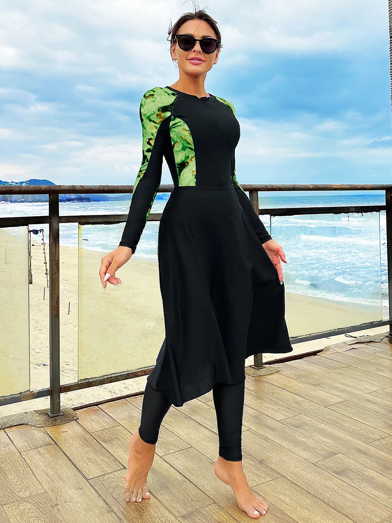 Burkini femme imprimé coloré manches longues jupe pantalon SPF50+