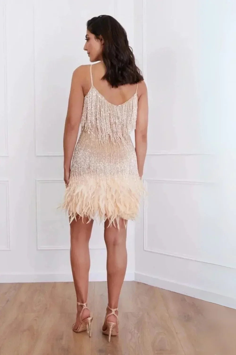 Robe Mini Femme Franges Bretelles Fines Plumes Soirée Festive