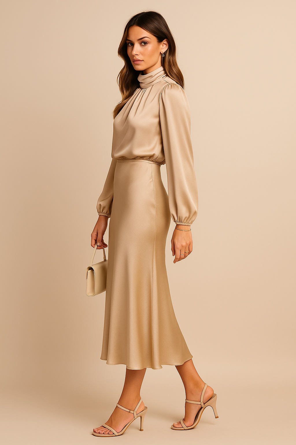 Robe midi femme col montant taille haute silhouette élégante