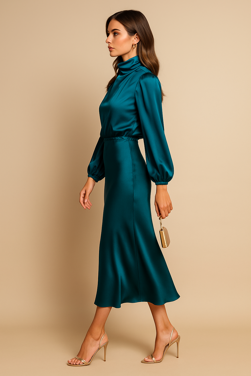 Robe midi femme col montant taille haute silhouette élégante