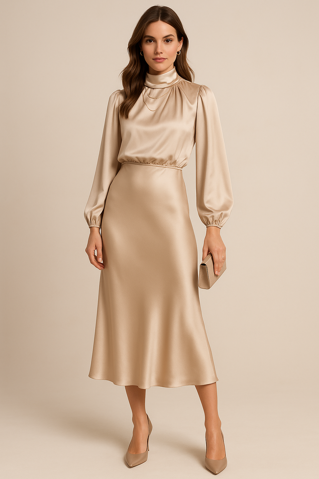 Robe midi femme col montant taille haute silhouette élégante