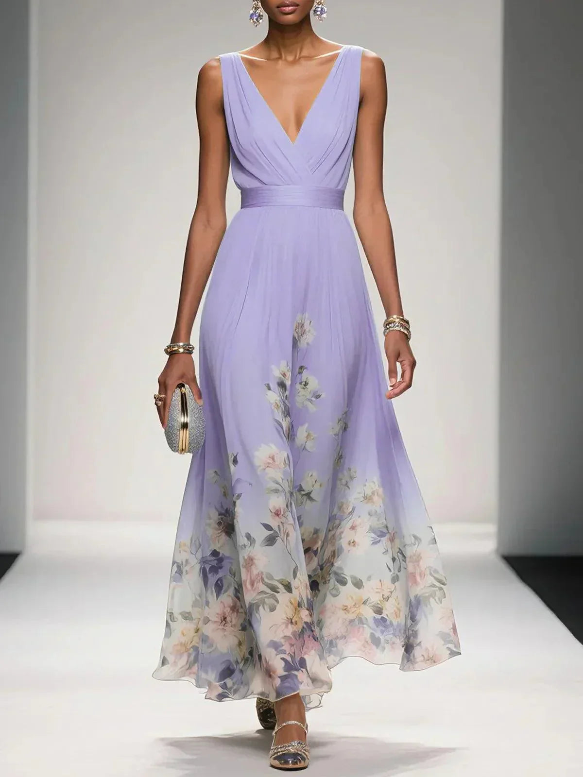 Robe Longue Femme Imprimée Fleurie Col V Cérémonie Mariage
