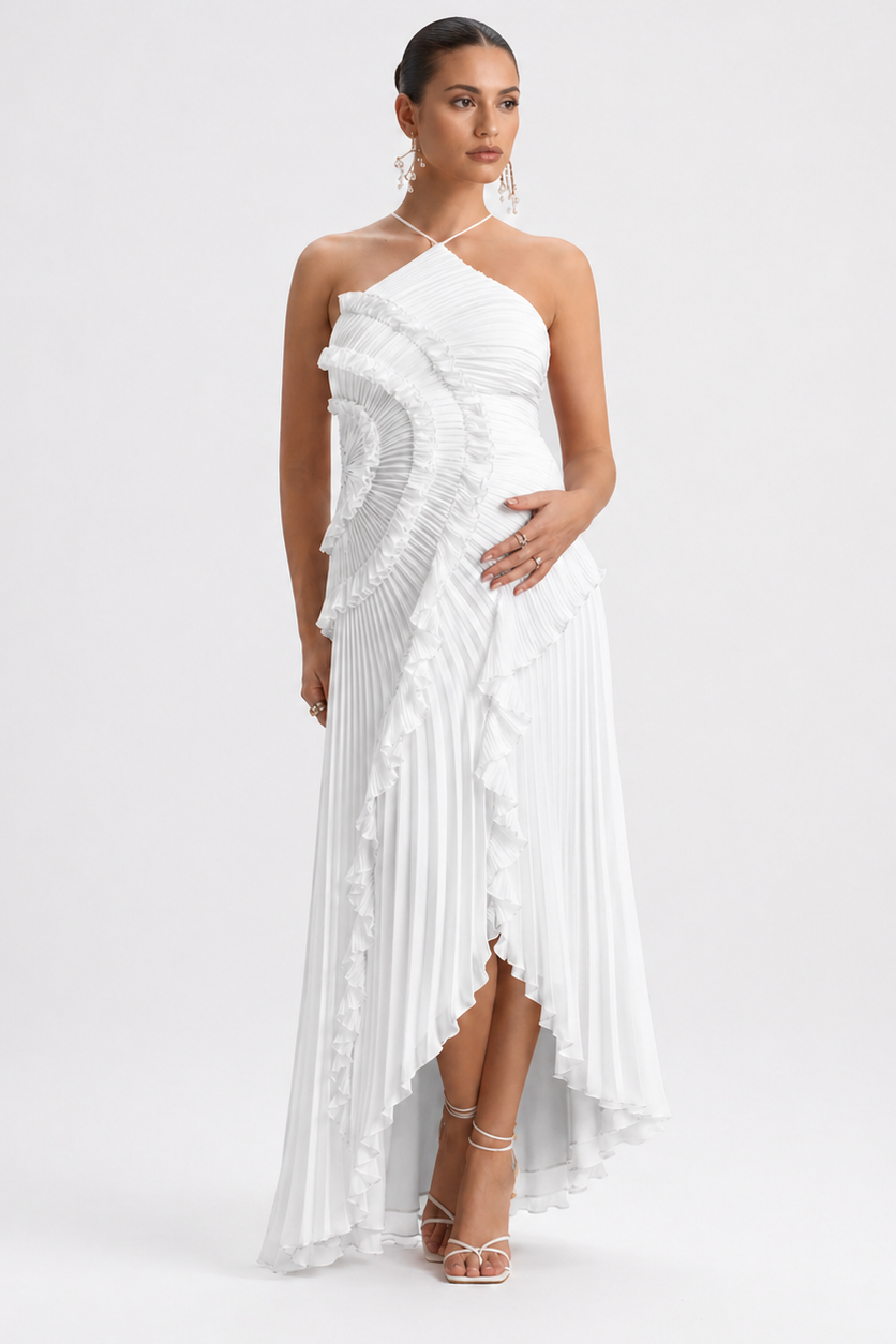 Robe Maxi Maternité Col Licou Plissée Baby Shower