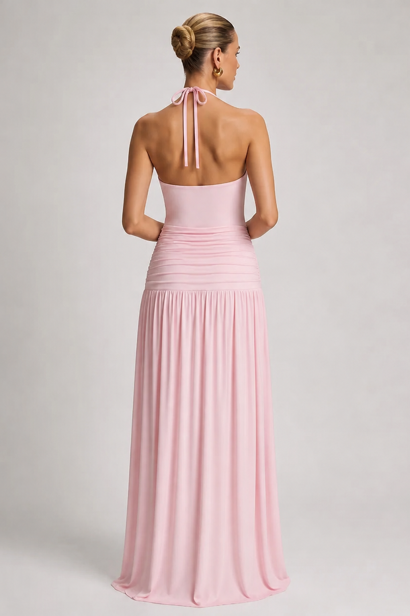 Robe Maxi Maternité Col Licou Sans Manches Jupe Plissée