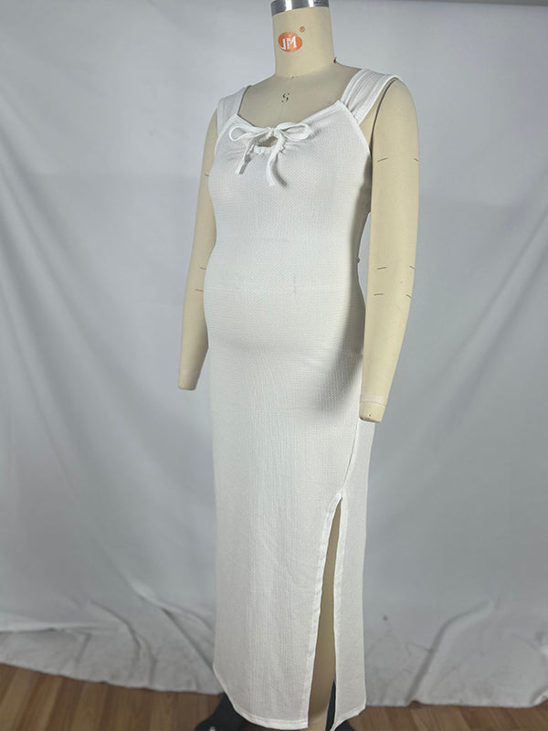 Robe Maxi Maternité Smockée Nœud Fente Latérale Moulante