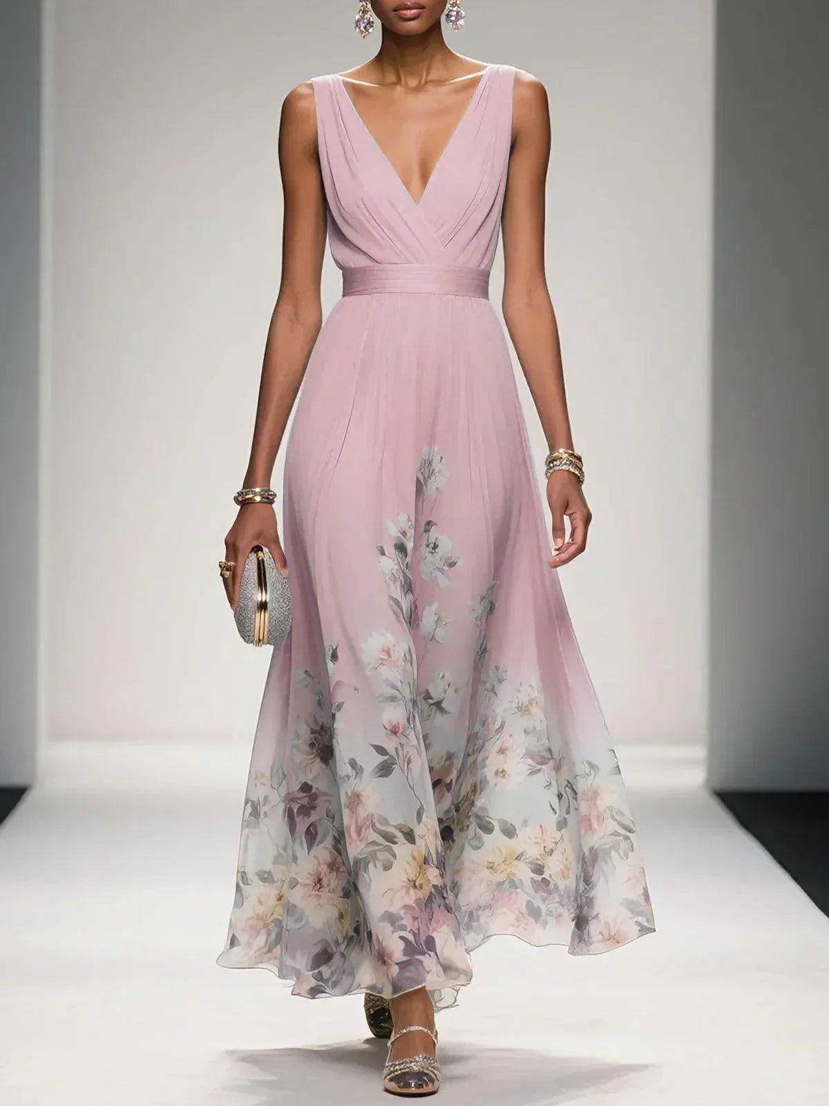 Robe Longue Femme Imprimée Fleurie Col V Cérémonie Mariage