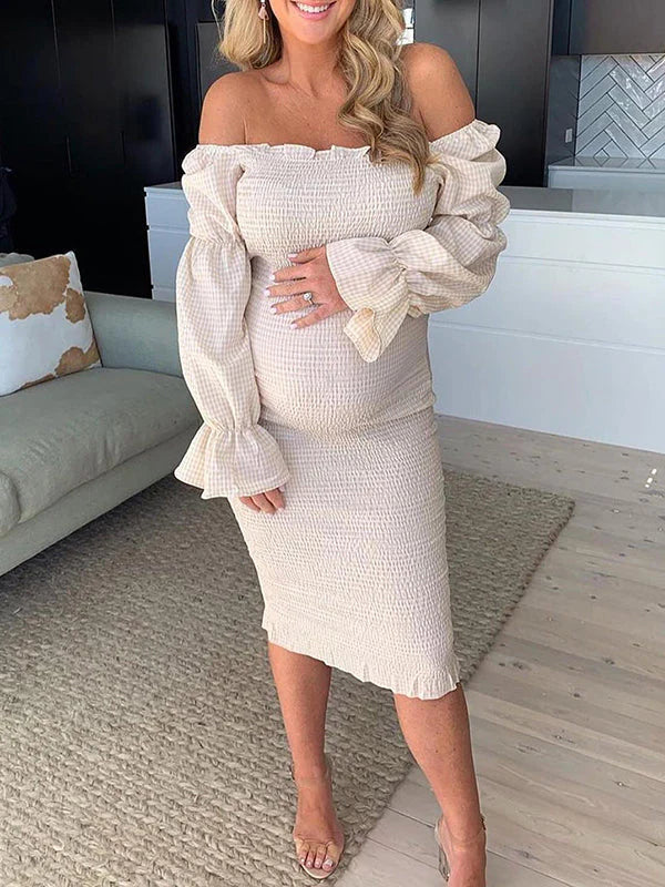 Robe Midi Maternité Épaules Dénudées Volants Manches Longues