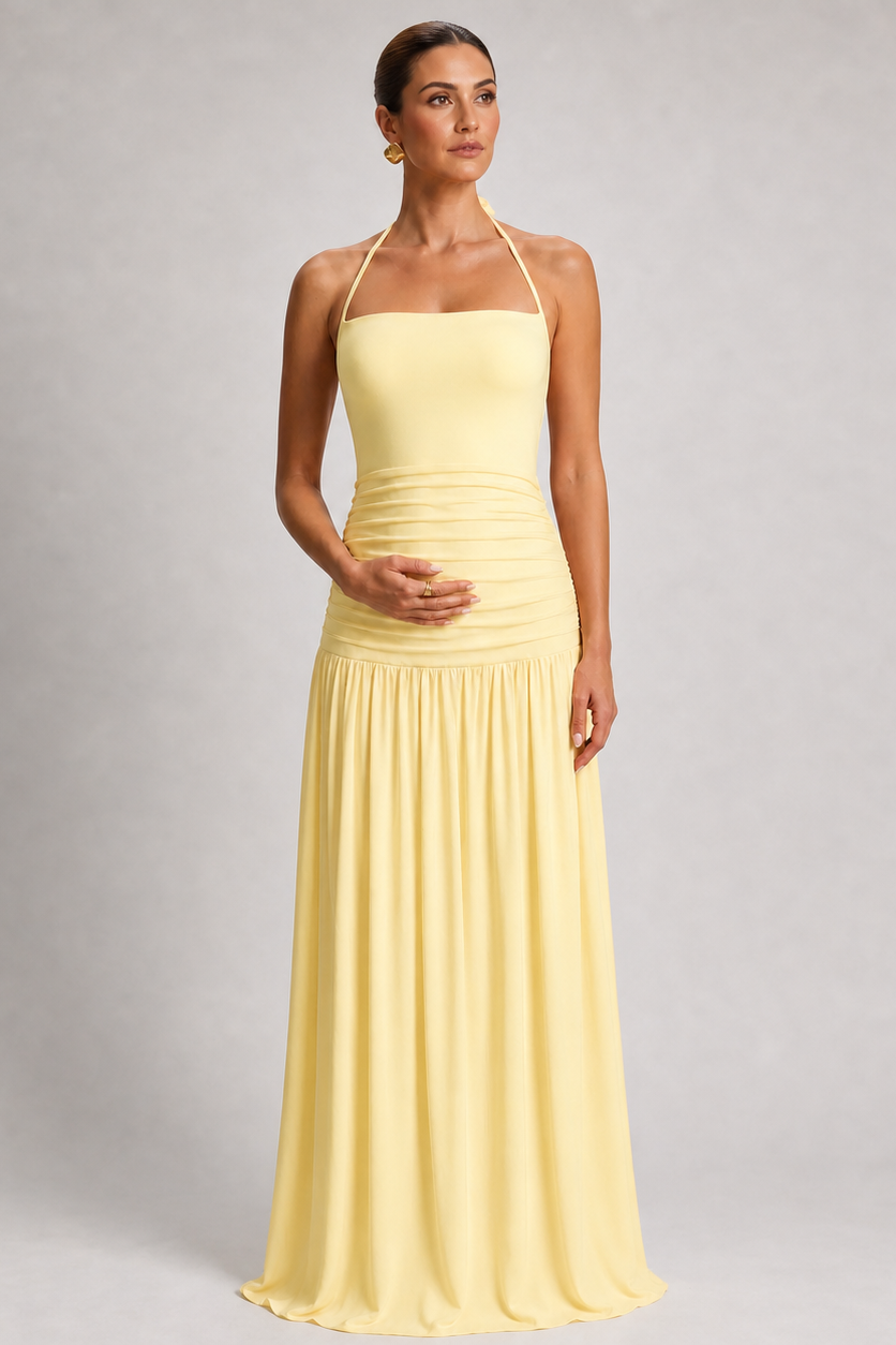 Robe Maxi Maternité Col Licou Sans Manches Jupe Plissée