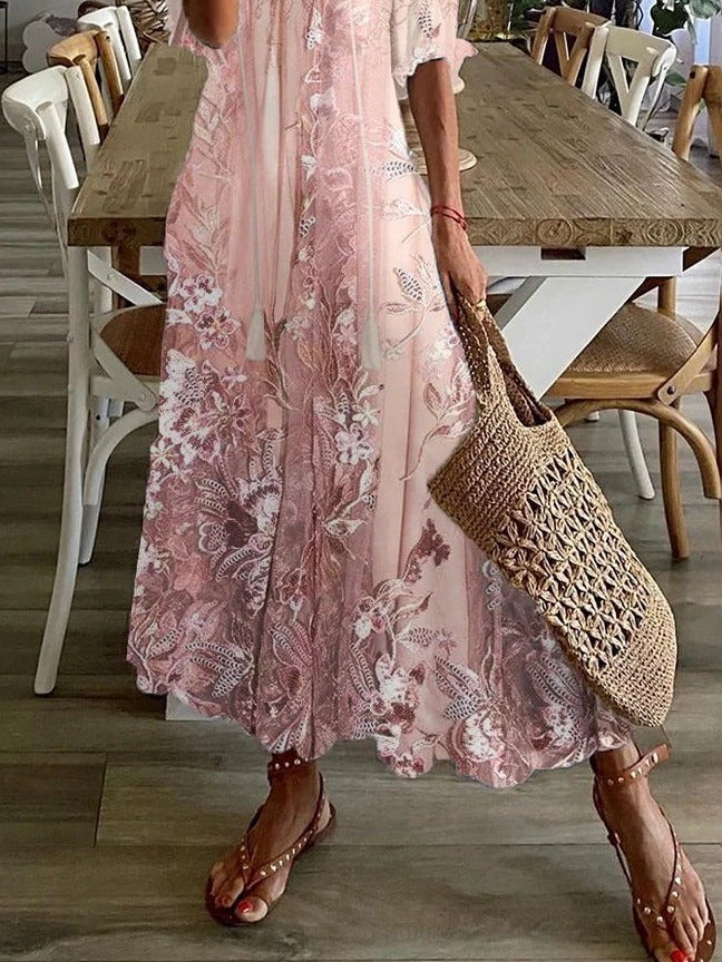 Robe Maxi Femme Fleurie Col V Sans Bretelles Été
